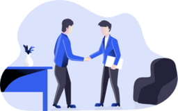 Webdesign Wiesbaden & Online Marketing Agentur – Partnerschaft auf Augenhöhe Illustration von zwei Personen, die sich in einem Büro die Hand geben. Das Bild symbolisiert partnerschaftliche Zusammenarbeit und Vertrauen einer Webdesign Wiesbaden & Online Marketing Agentur.